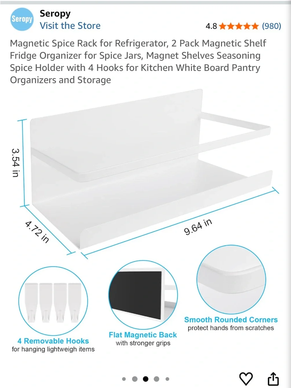 Magnetic Spice Rack for Refrigerator – White, 2-Pack